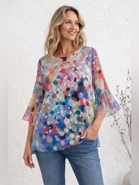 Ali Miles L Sheer Blouse Colorful Polka Dot Lace Bell Sleeve Top Artsy